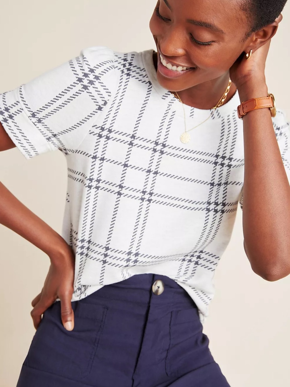 Anthropologie T.La ani relaxed off White gray Short-Sleeve Plaid Knit Top S